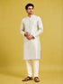 Men's Cream Silk-Blend Embroidered Knee Length Kurta with Pyjama
