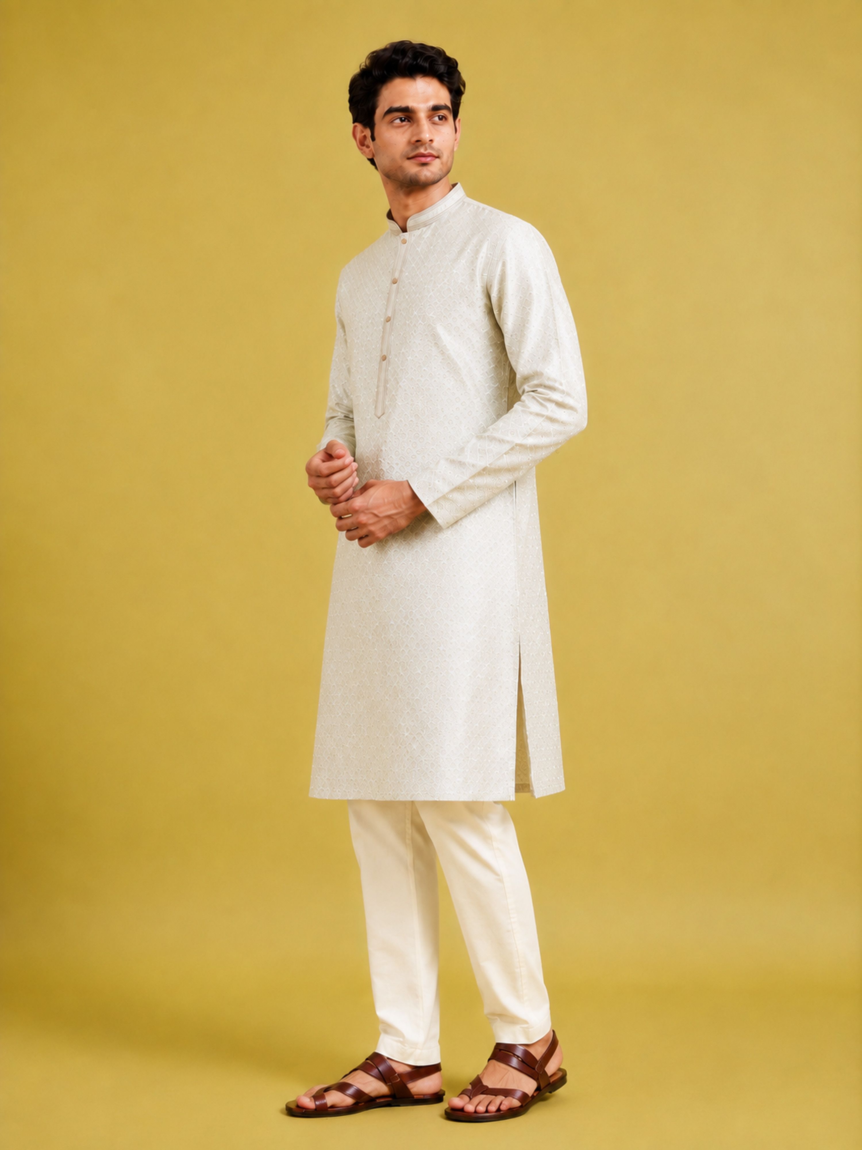 Men's Cream Silk-Blend Embroidered Knee Length Kurta with Pyjama