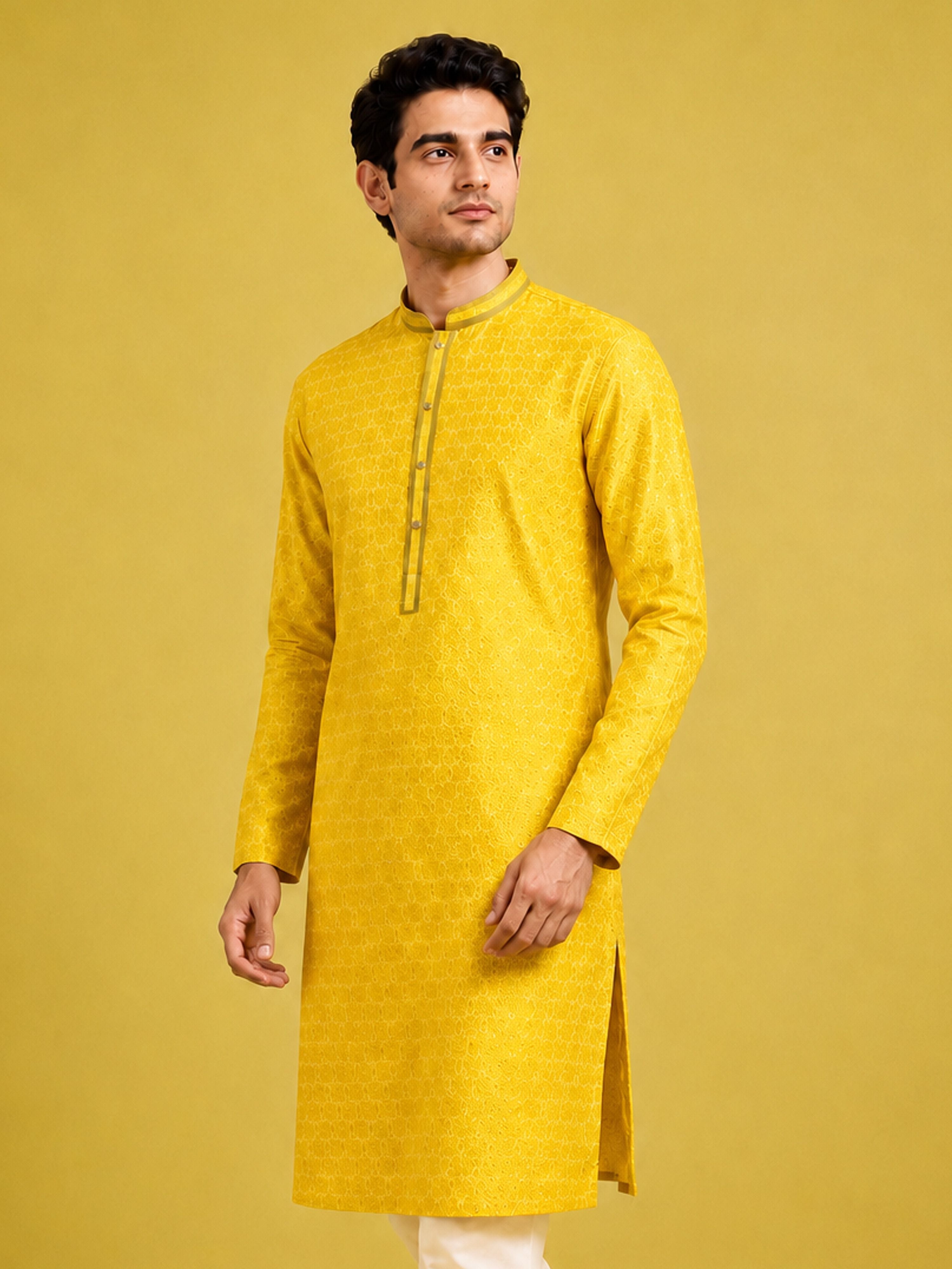Men's Mustard Silk-Blend Embroidered Knee Length Kurta