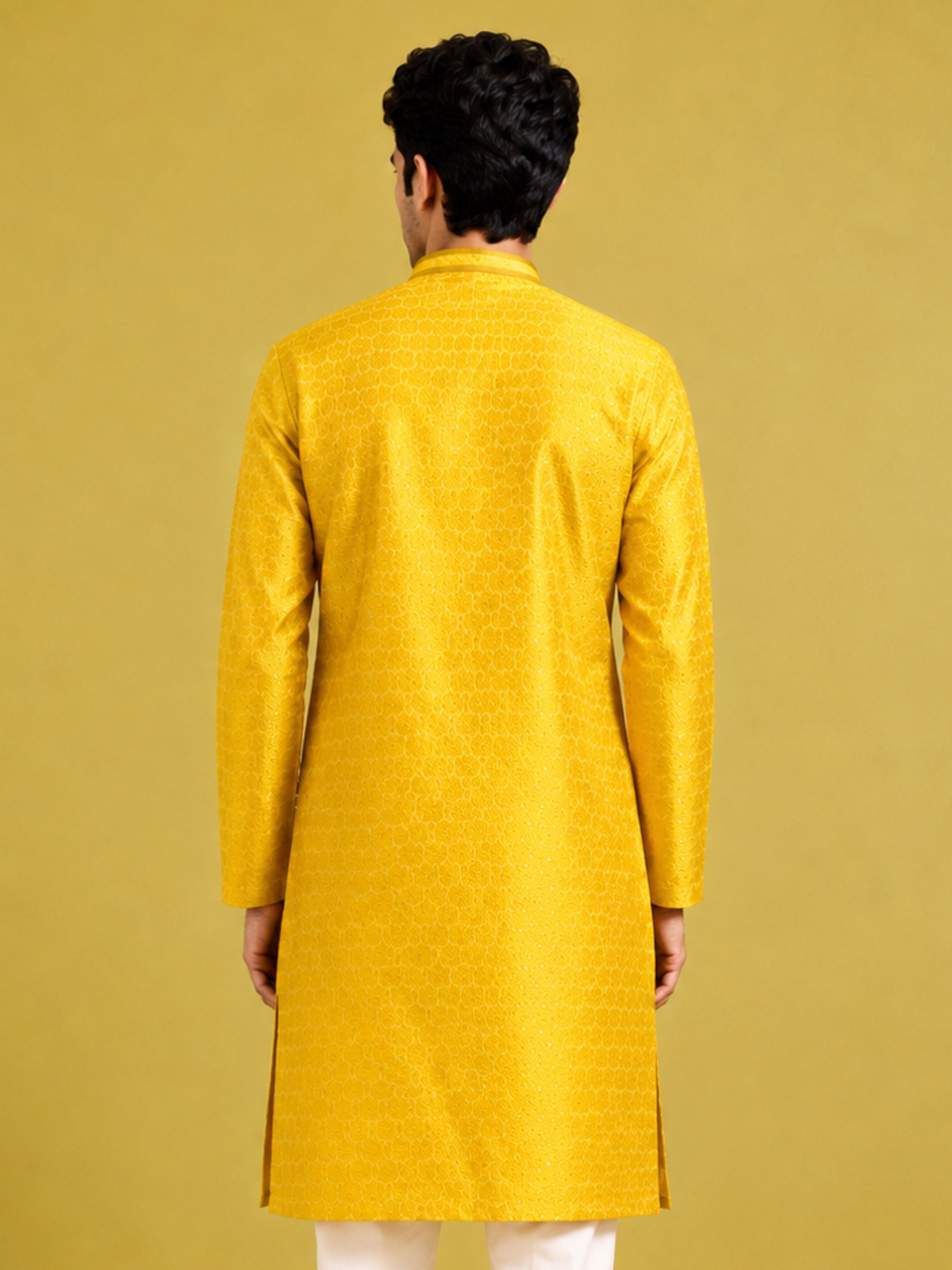Men's Mustard Silk-Blend Embroidered Knee Length Kurta