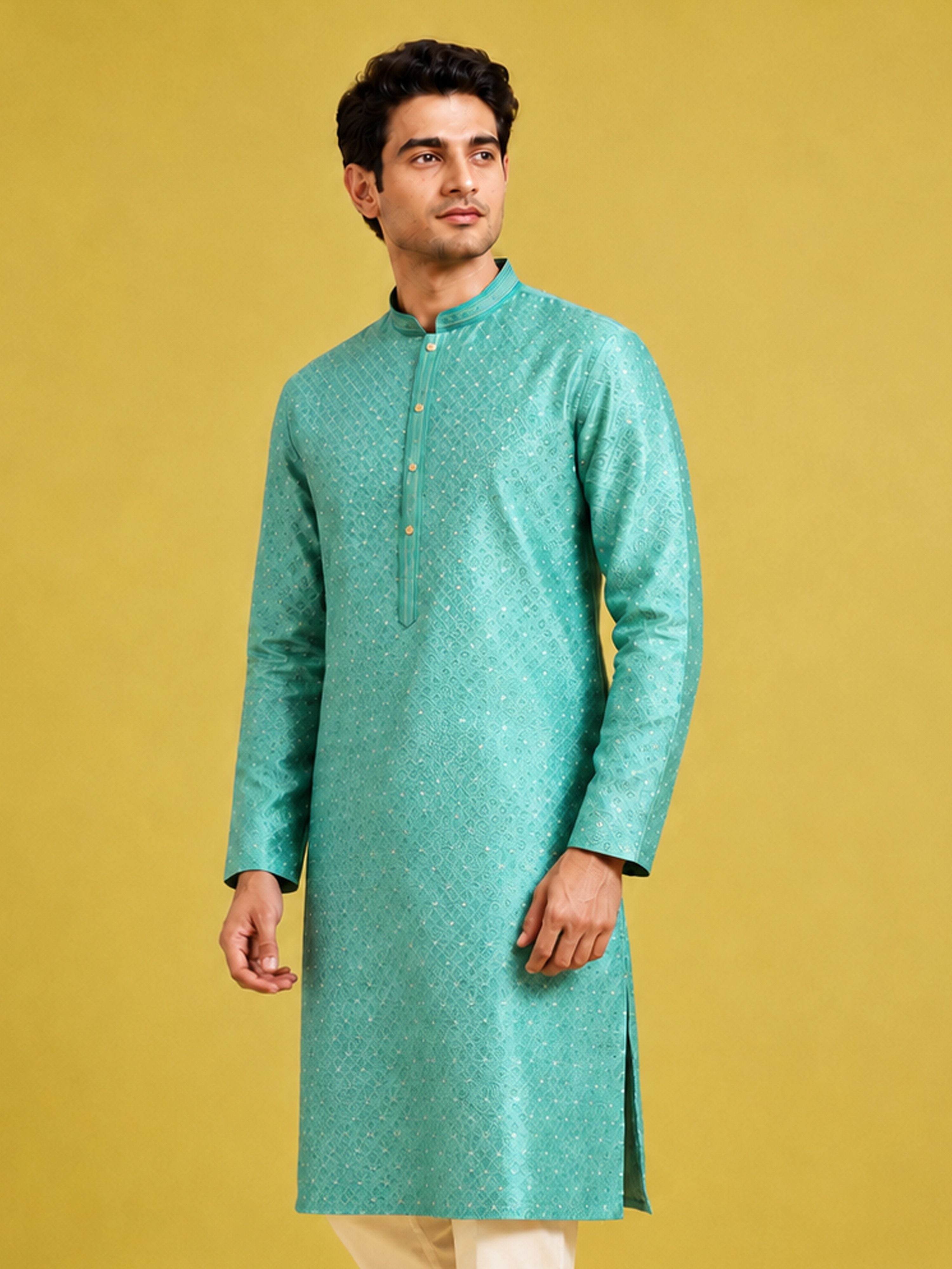 Men's Mint Silk-Blend Embroidered Knee Length Kurta