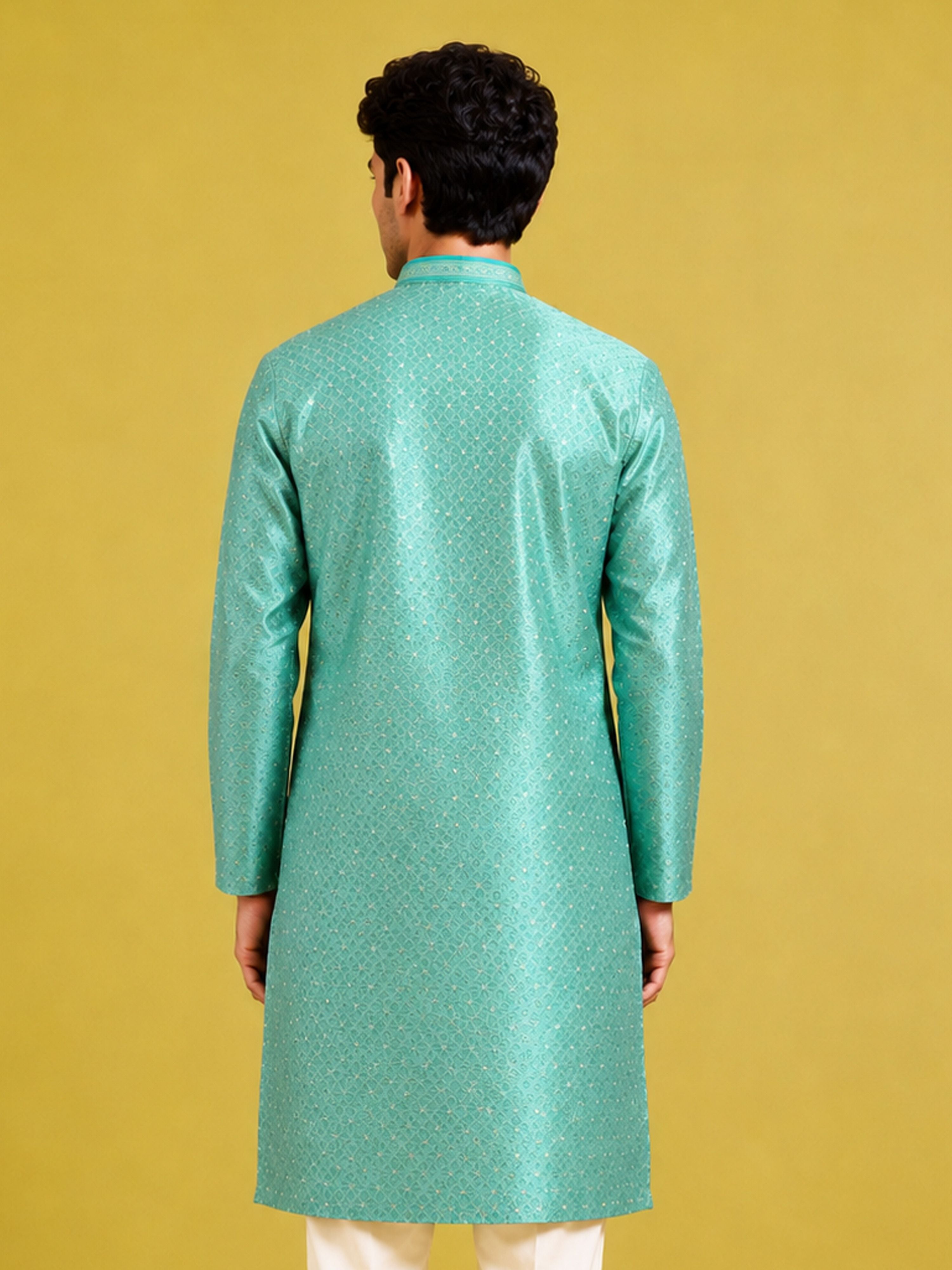 Men's Mint Silk-Blend Embroidered Knee Length Kurta