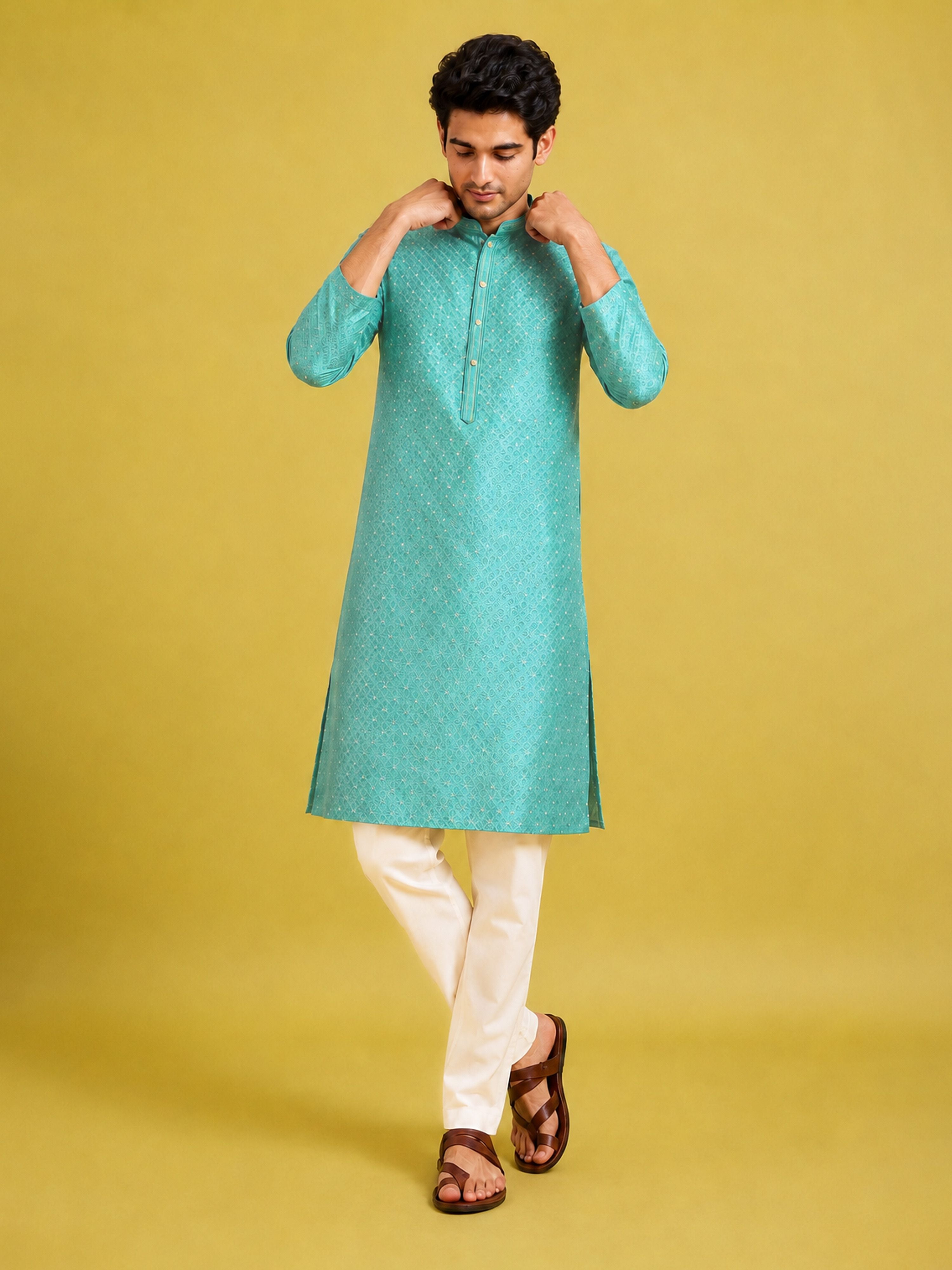 Men's Mint Silk-Blend Embroidered Knee Length Kurta