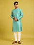 Men's Mint Silk-Blend Embroidered Knee Length Kurta with Pyjama