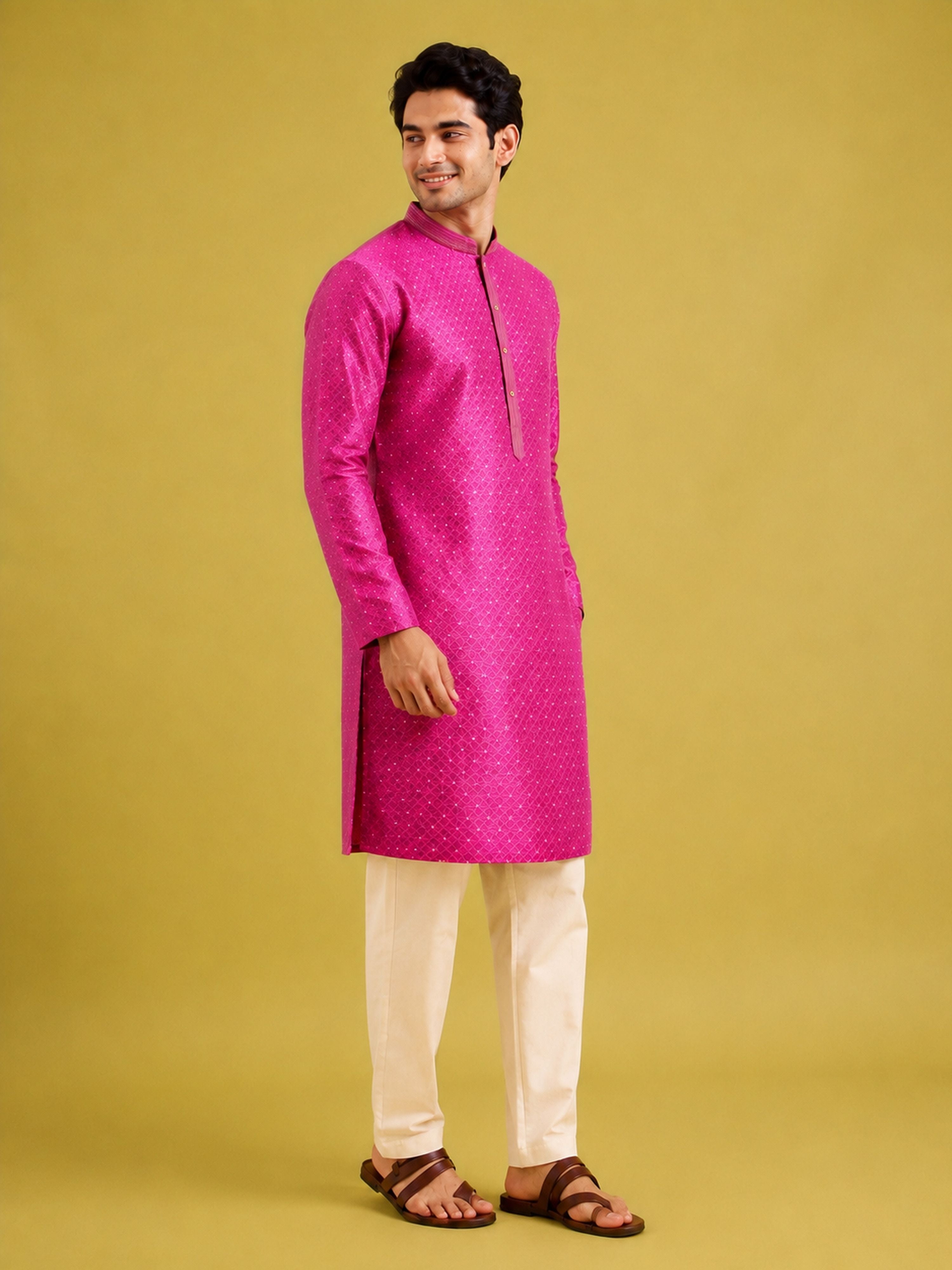 Men's Purple Silk-Blend Embroidered Knee Length Kurta with Pyjama