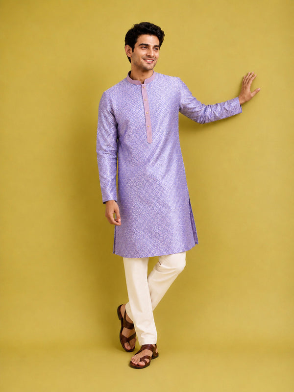 Men Lavender Silk Blend Kurta with Pyjama Navratri, Diwali, Wedding, Festive, Party, Festive Glitz Ethnic Wear