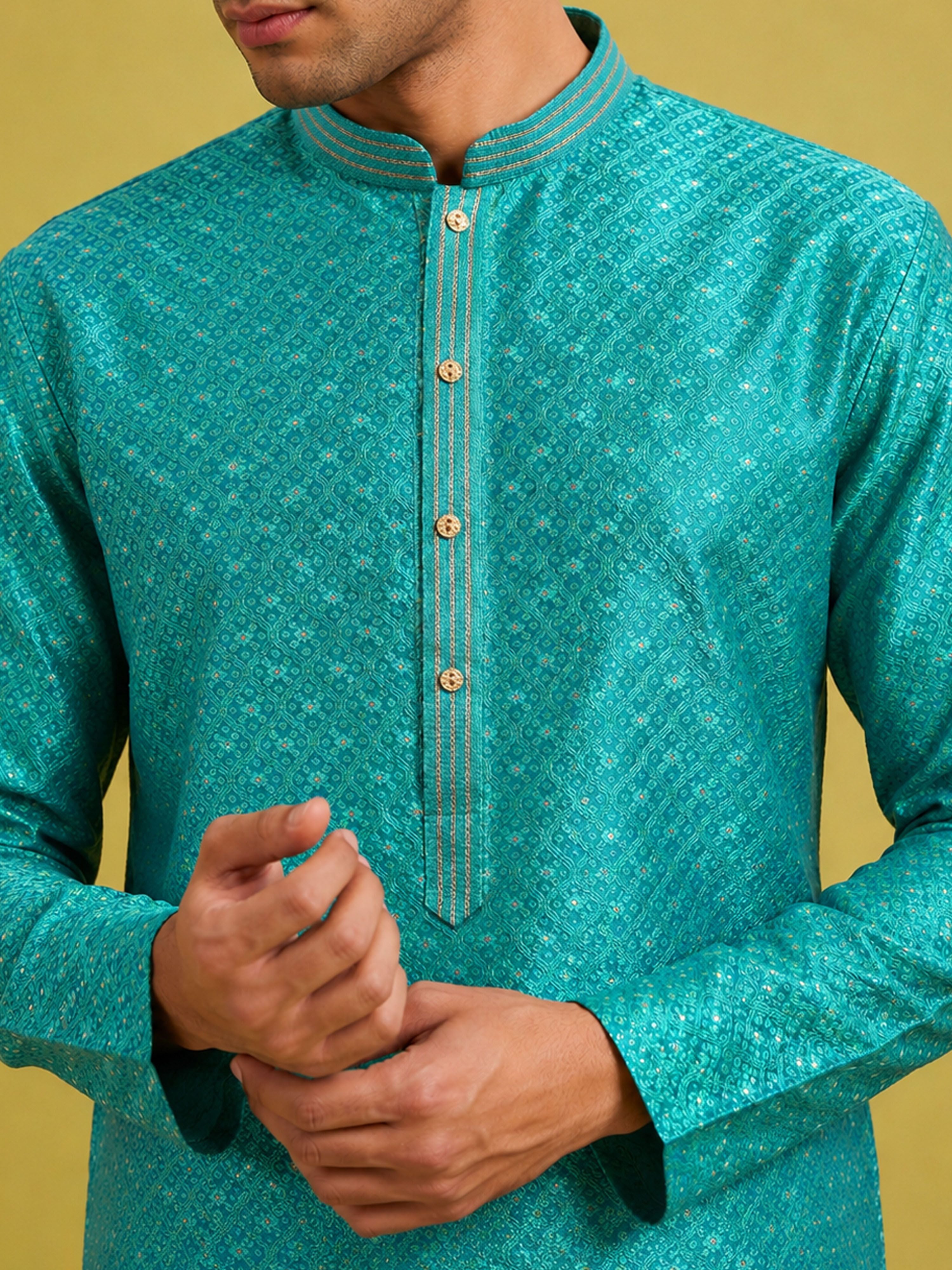 Men's Turquoise Silk-Blend Embroidered Knee Length Kurta