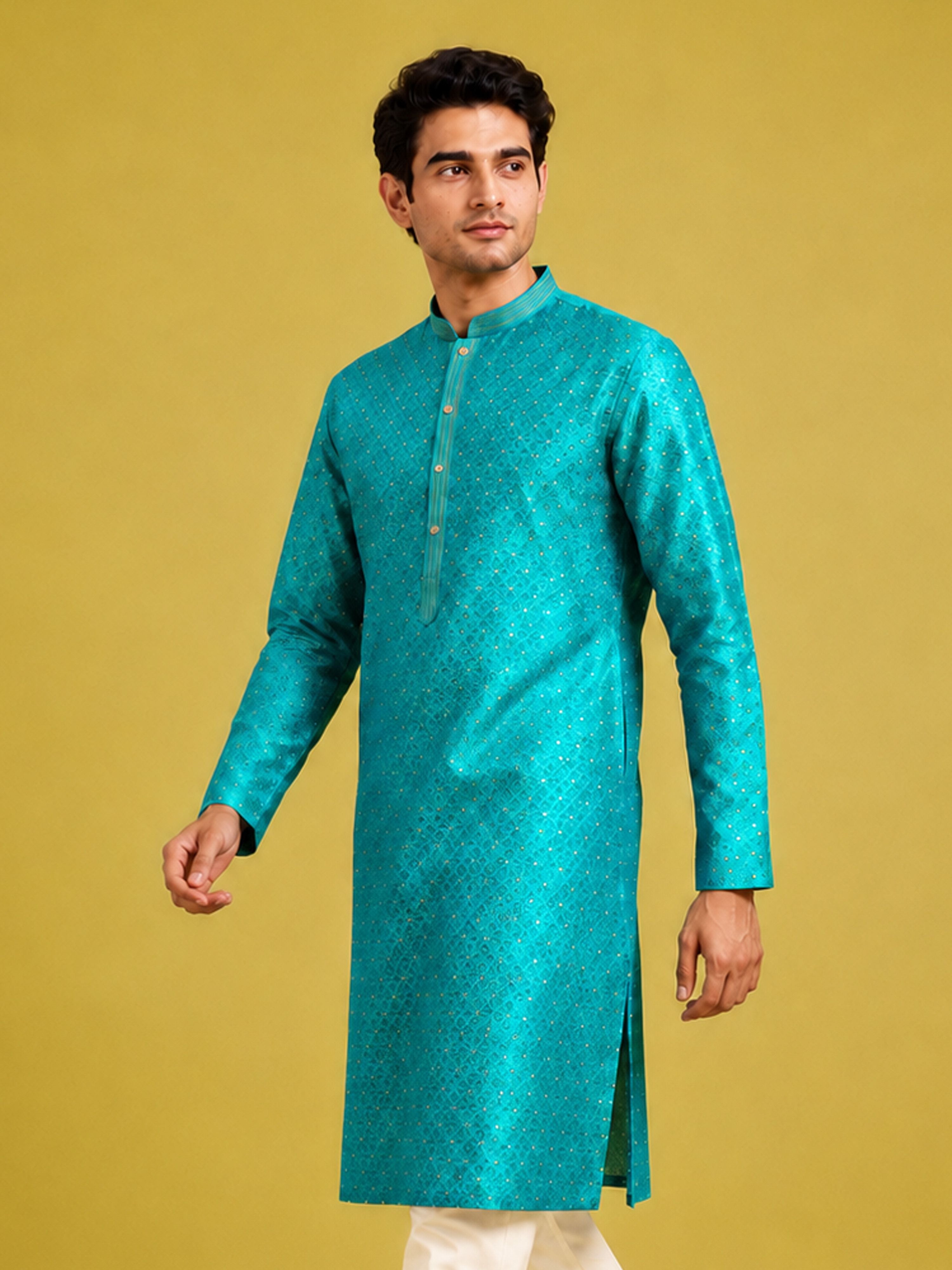 Men's Turquoise Silk-Blend Embroidered Knee Length Kurta