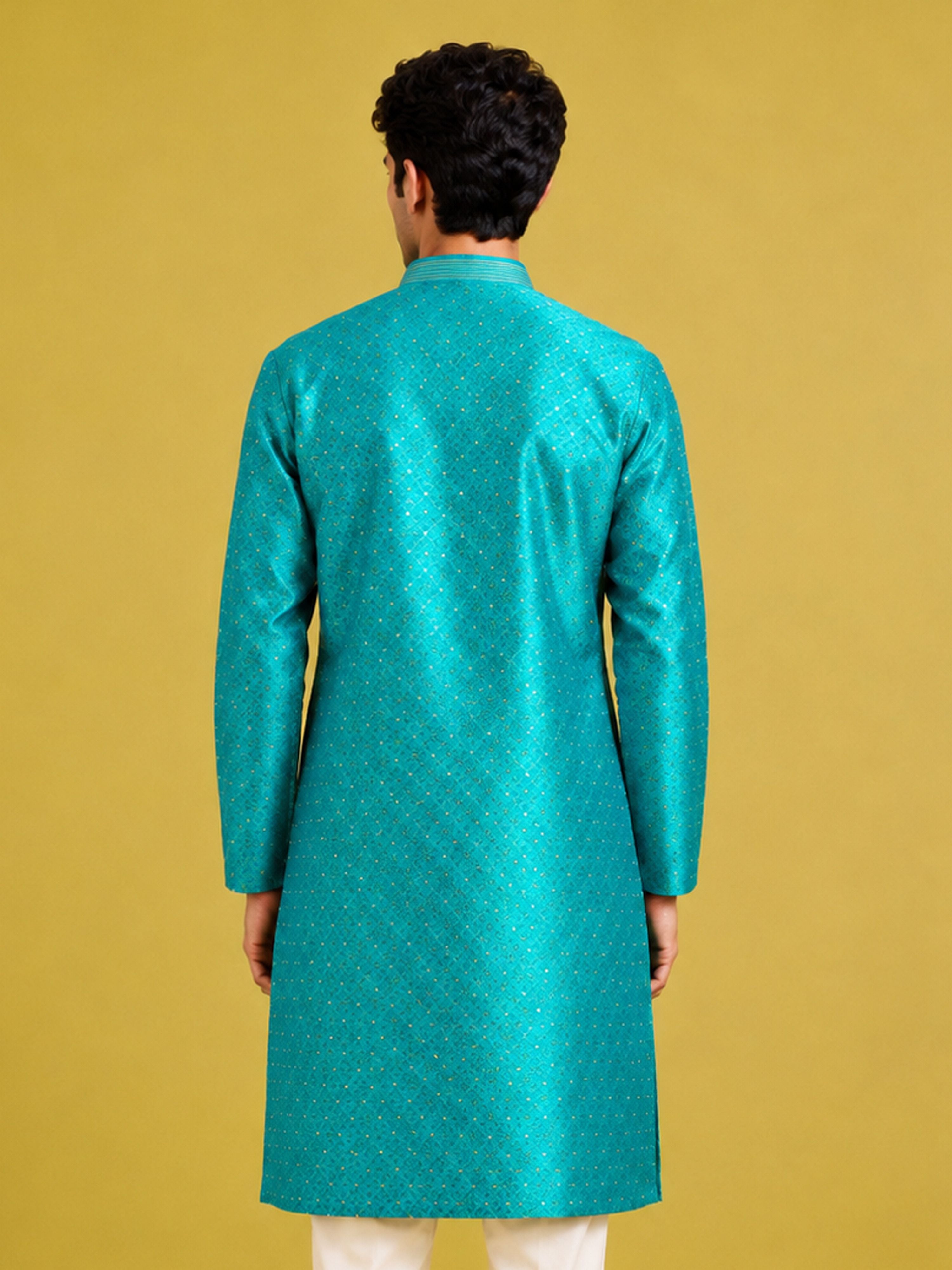 Men's Turquoise Silk-Blend Embroidered Knee Length Kurta