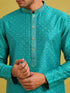 Men's Turquoise Silk-Blend Embroidered Knee Length Kurta with Pyjama