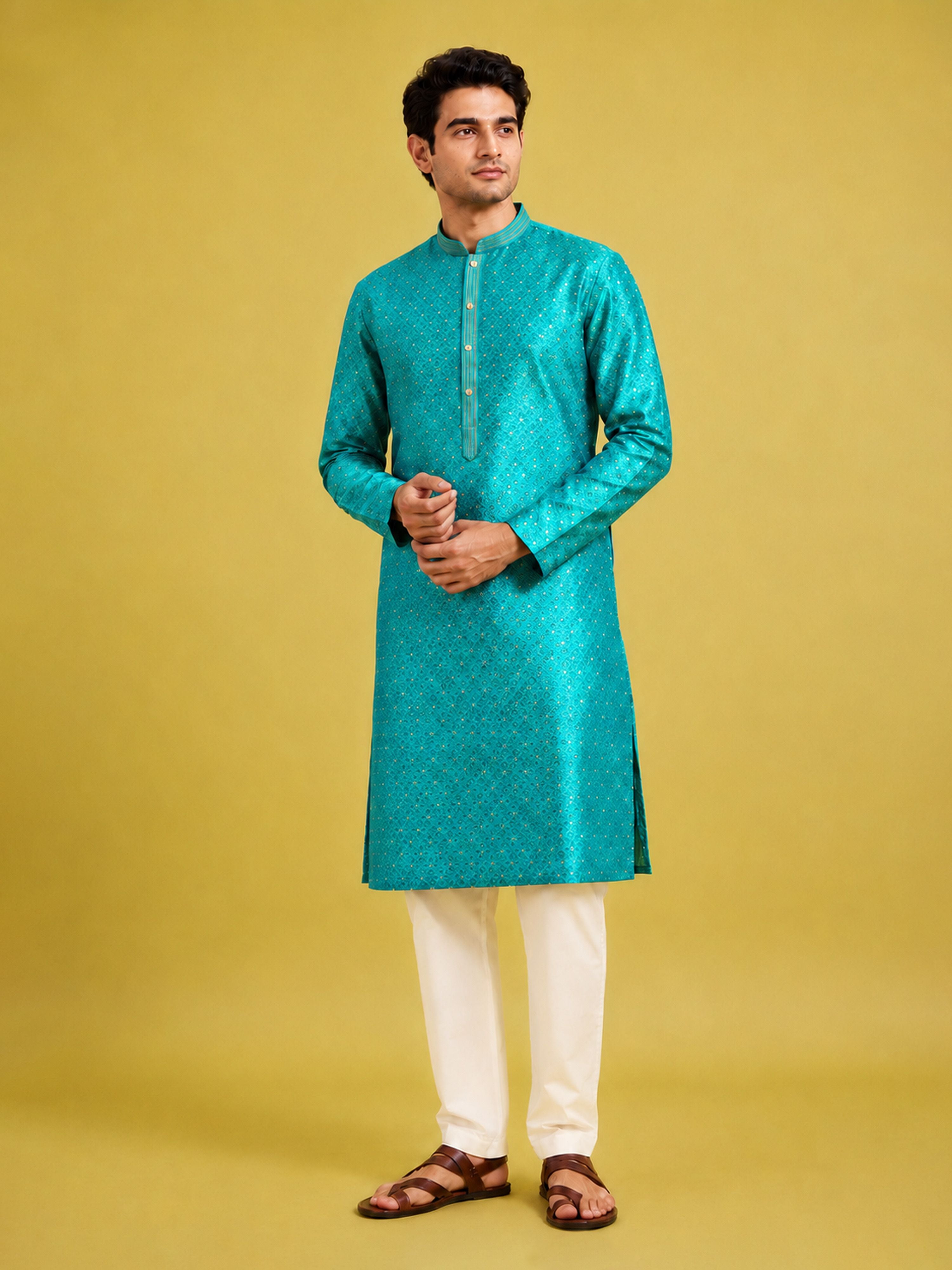 Men's Turquoise Silk-Blend Embroidered Knee Length Kurta with Pyjama