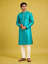 Men's Turquoise Silk-Blend Embroidered Knee Length Kurta with Pyjama
