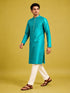 Men's Turquoise Silk-Blend Embroidered Knee Length Kurta with Pyjama