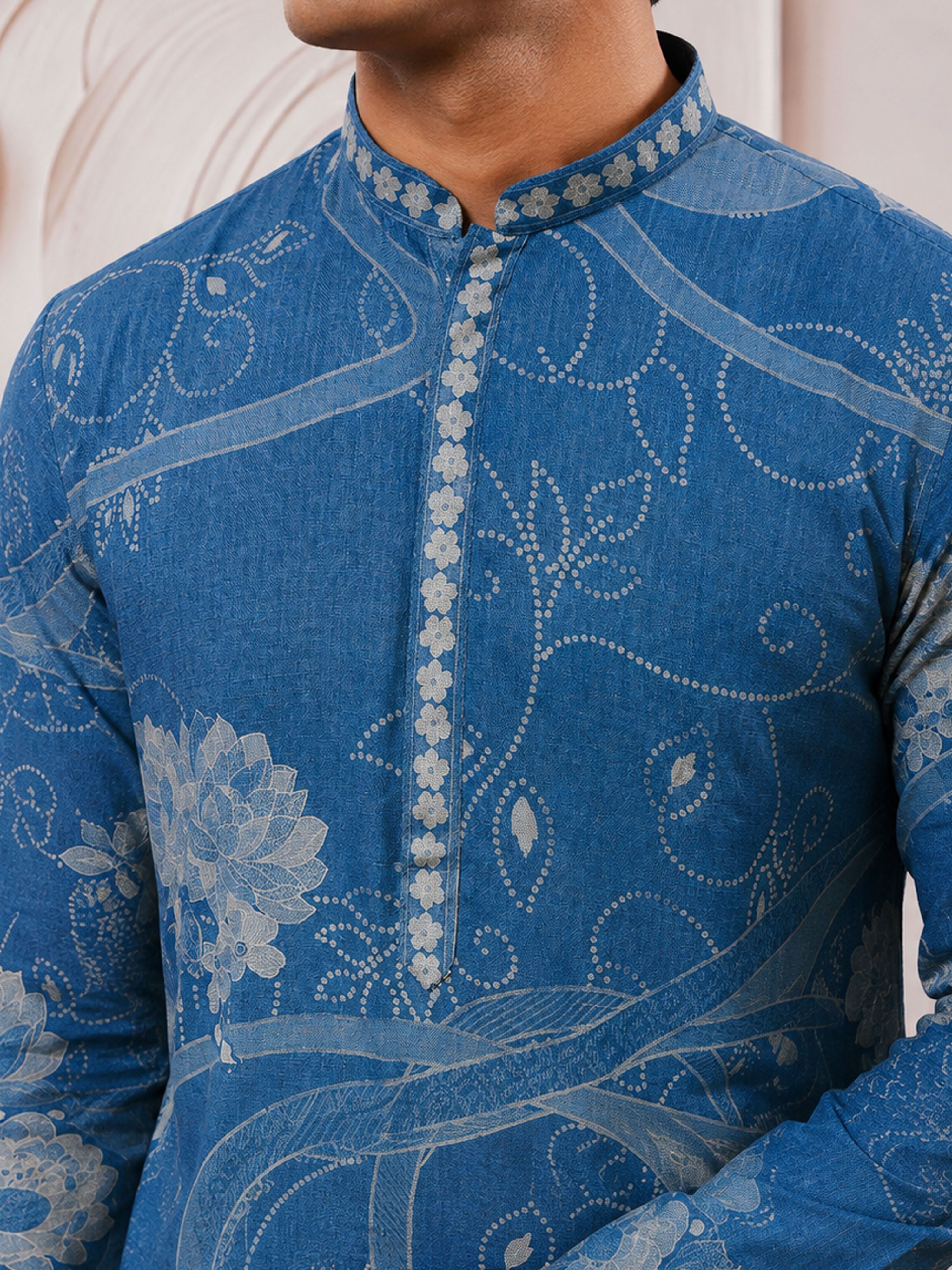 Men's Blue Cotton-Linen Digital Print Knee Length Kurta