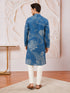 Men's Blue Cotton-Linen Digital Print Knee Length Kurta with Pyjama
