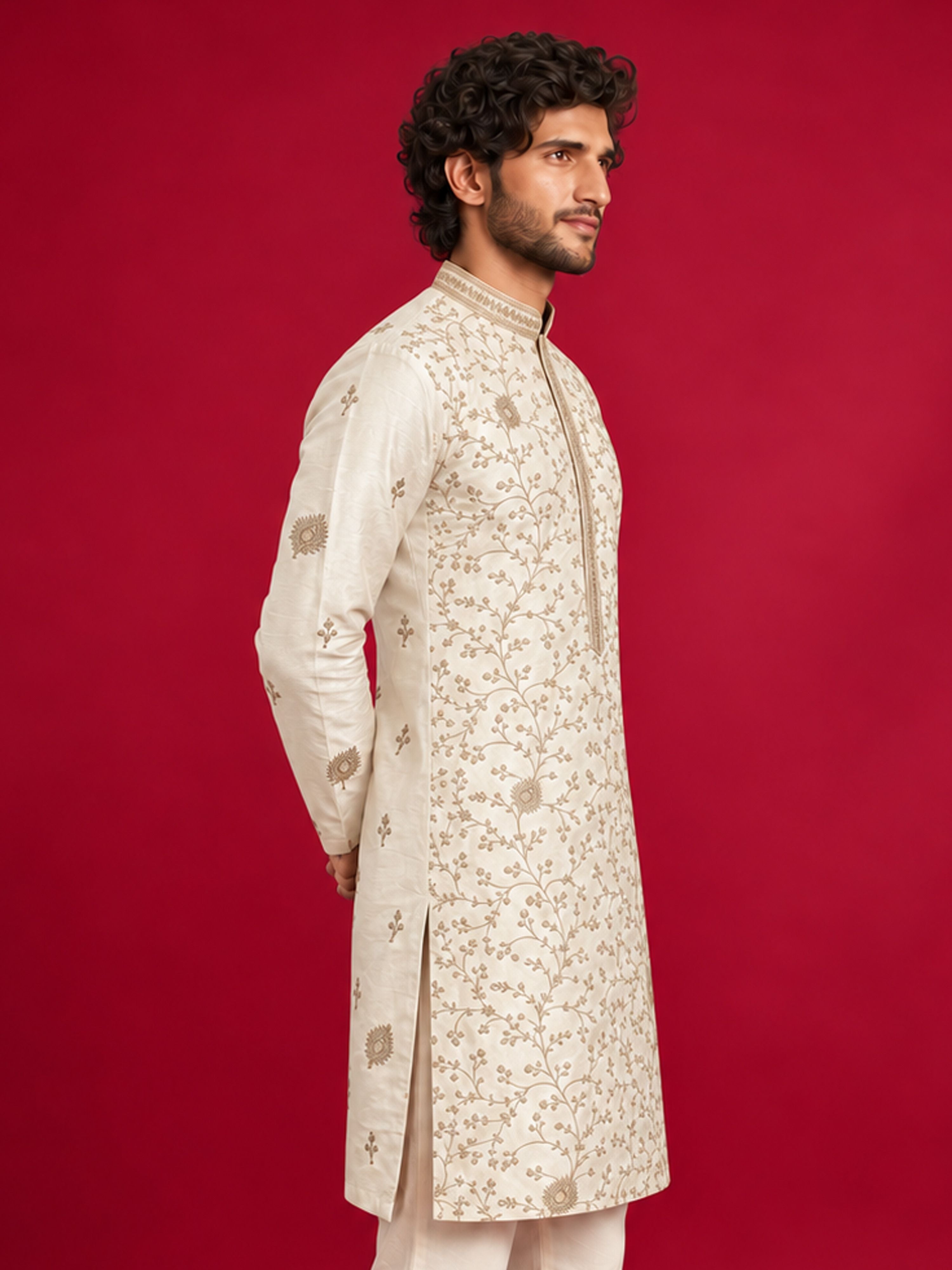 Men's Cream Silk-Blend Embroidered Knee Length Kurta