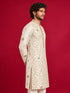 Men's Cream Silk-Blend Embroidered Knee Length Kurta