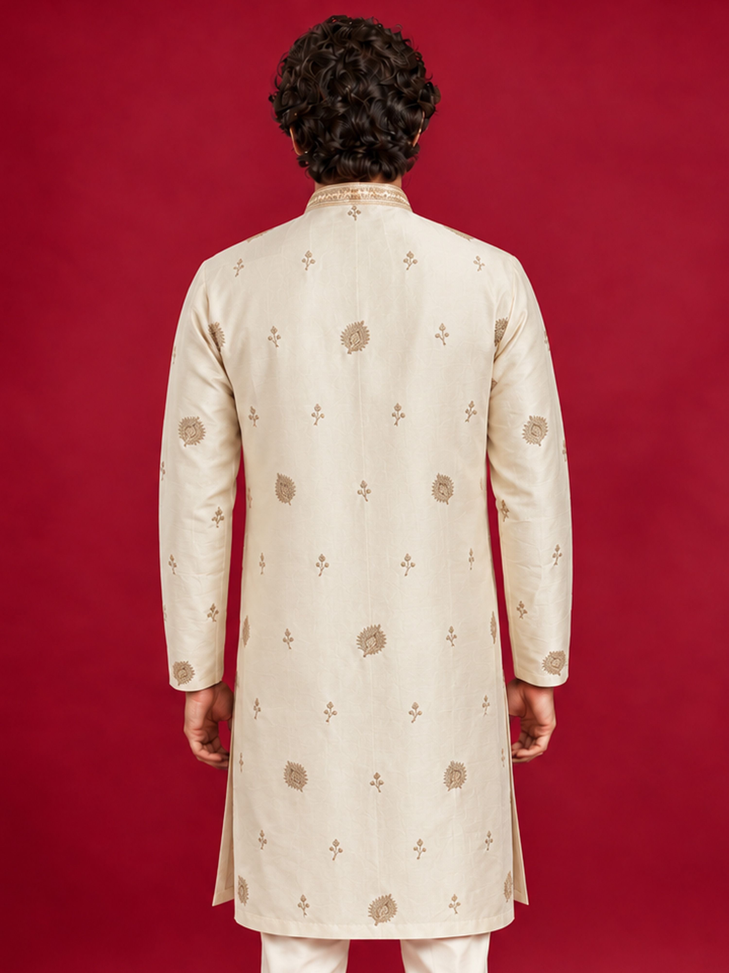 Men's Cream Silk-Blend Embroidered Knee Length Kurta