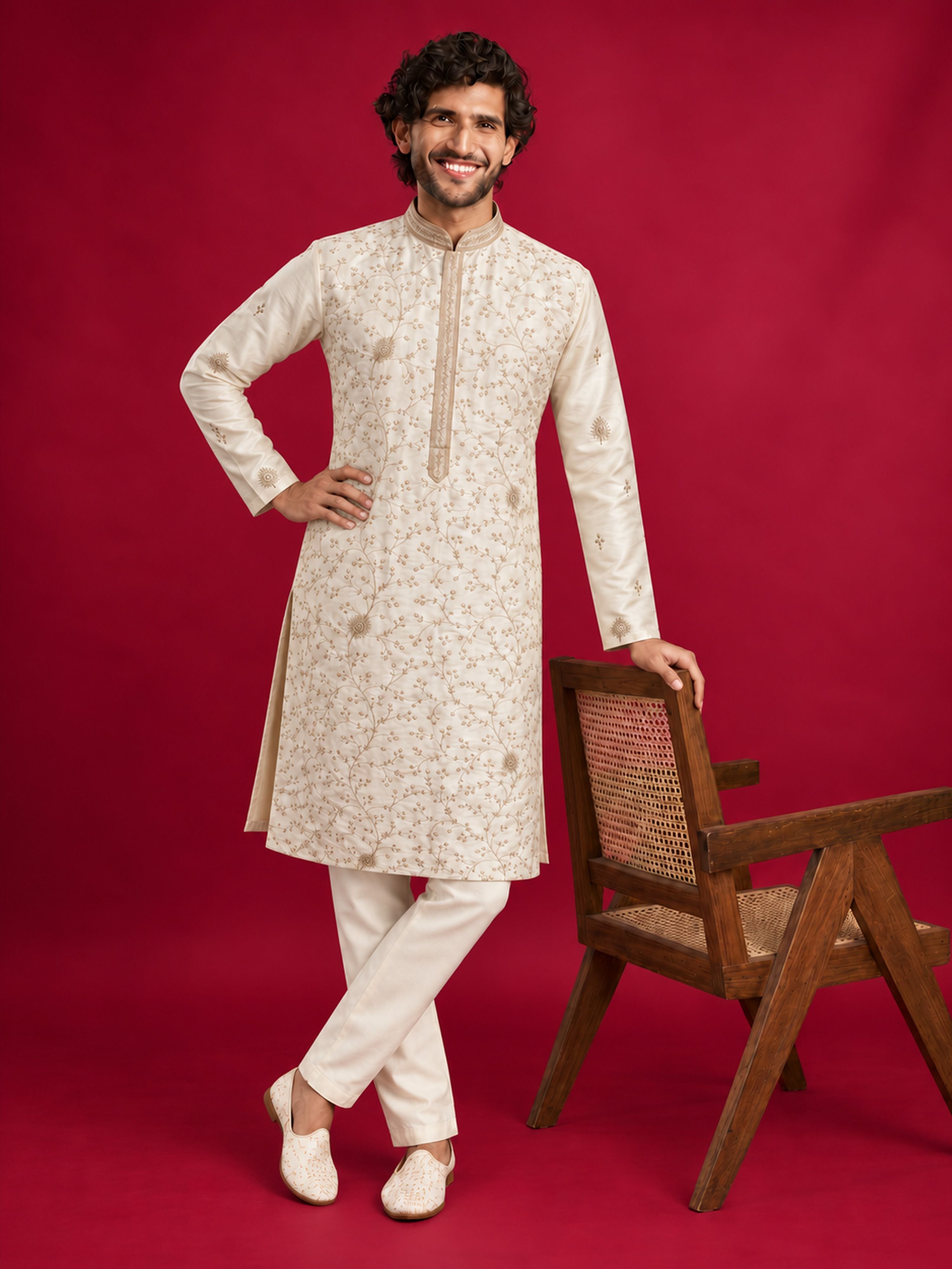 Men's Cream Silk-Blend Embroidered Knee Length Kurta