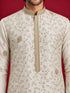 Men's Cream Silk-Blend Embroidered Knee Length Kurta with Pyjama