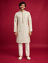 Men's Cream Silk-Blend Embroidered Knee Length Kurta with Pyjama