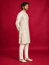Men's Cream Silk-Blend Embroidered Knee Length Kurta with Pyjama