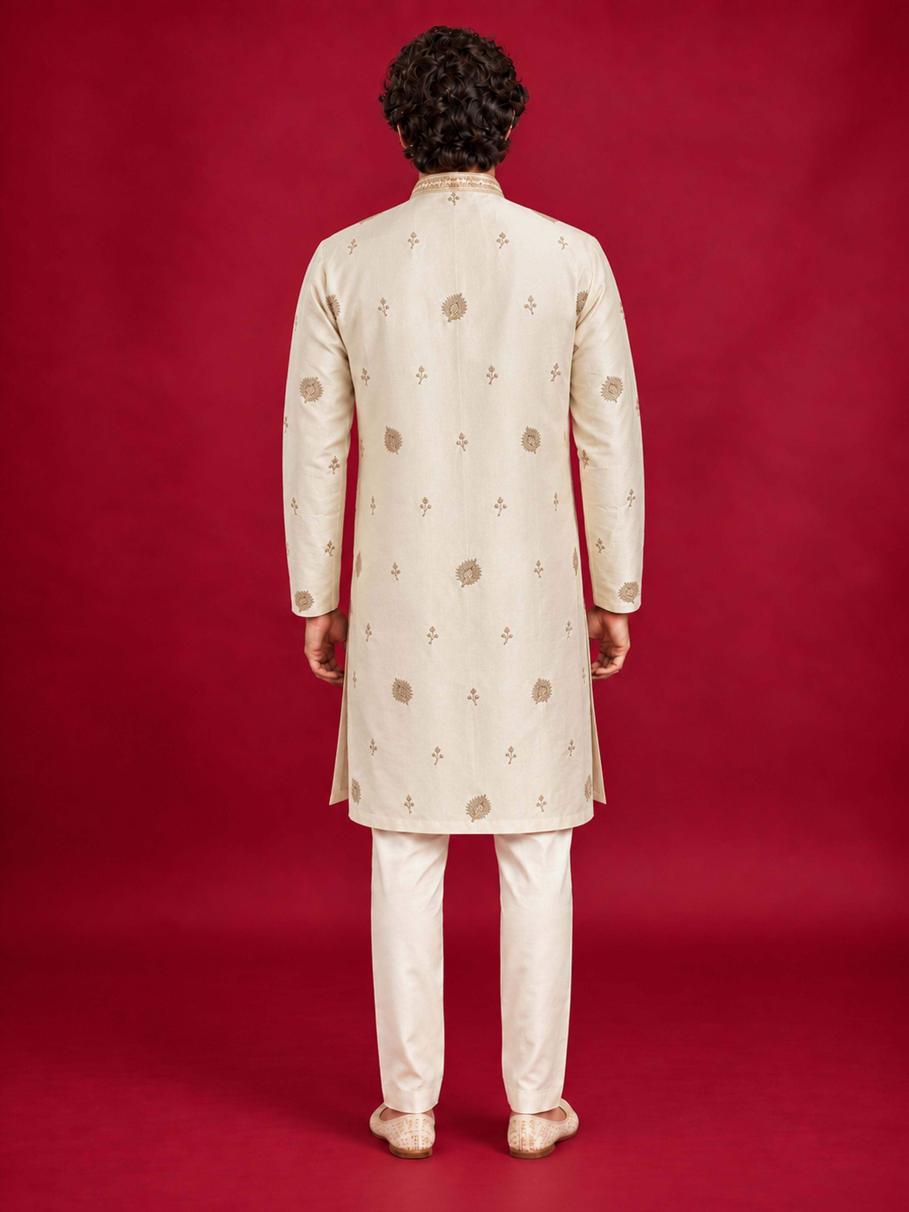 Men's Cream Silk-Blend Embroidered Knee Length Kurta with Pyjama