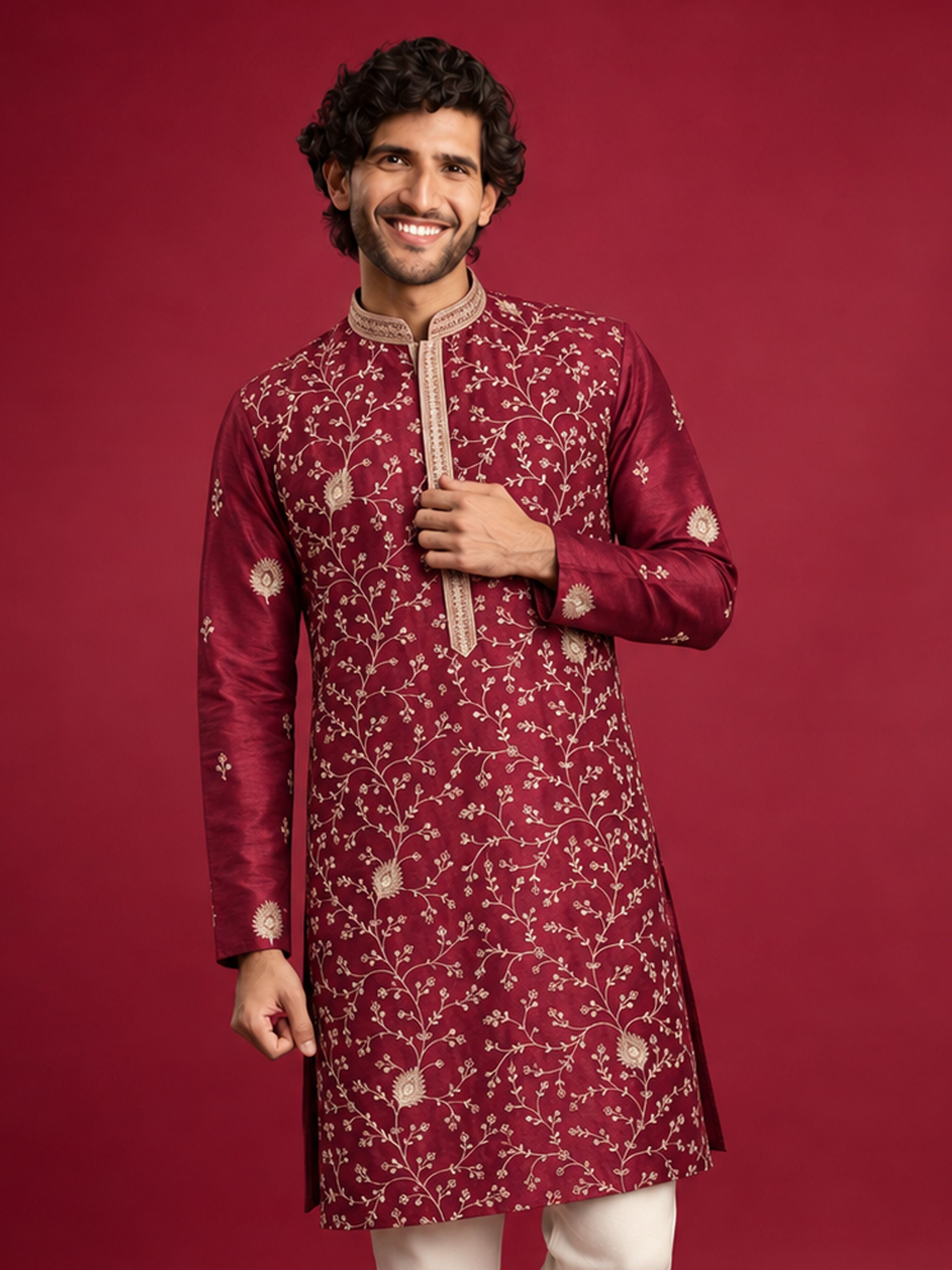 Men Maroon Silk Blend Kurta Festive, Diwali Ethnic Wear