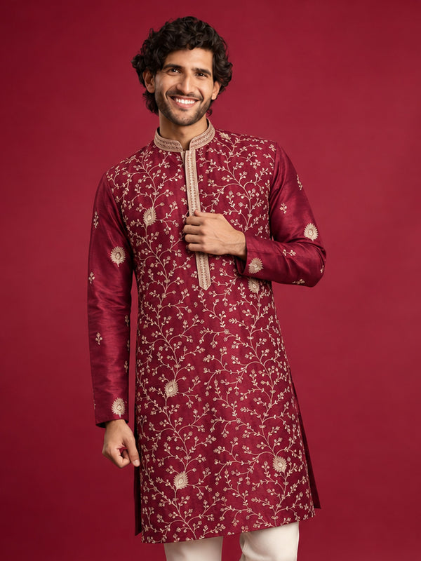 Men Maroon Silk Blend Kurta Festive, Diwali Ethnic Wear