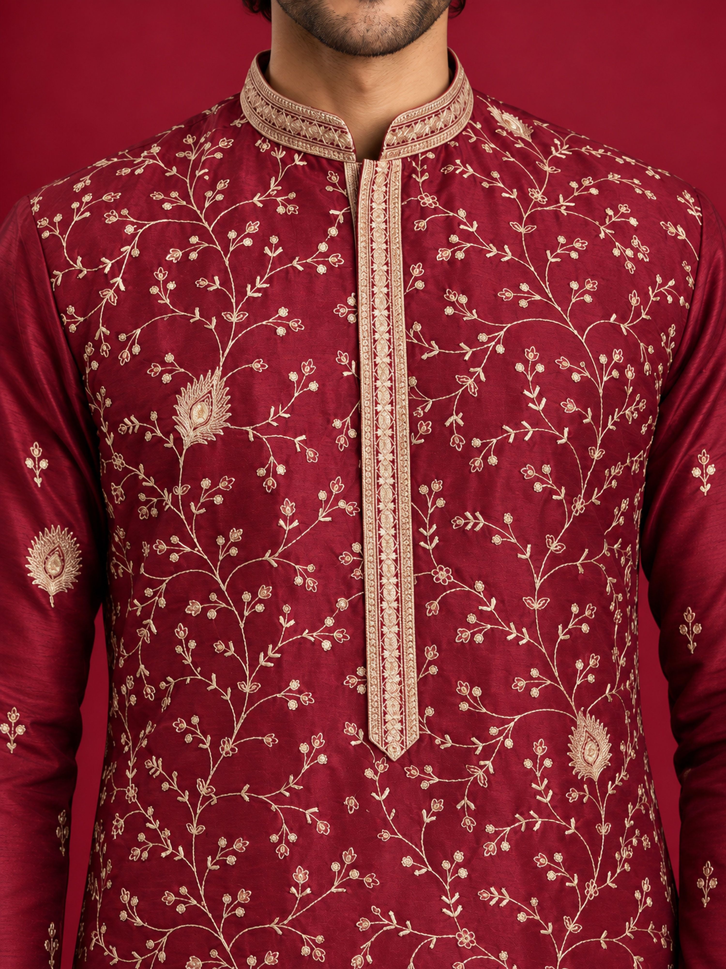 Men's Maroon Silk-Blend Embroidered Knee Length Kurta with Pyjama