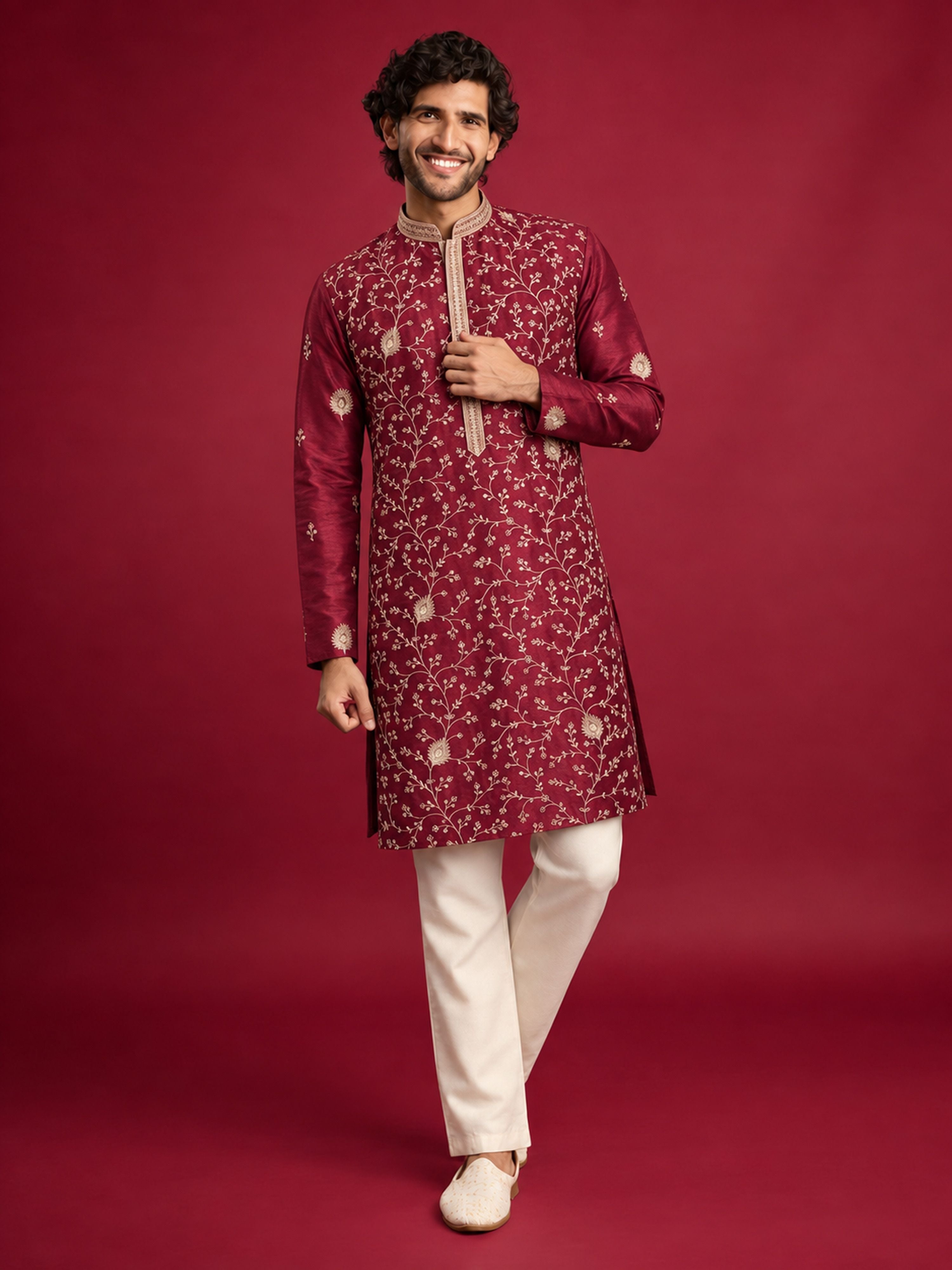 Men's Maroon Silk-Blend Embroidered Knee Length Kurta with Pyjama