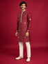 Men's Maroon Silk-Blend Embroidered Knee Length Kurta with Pyjama