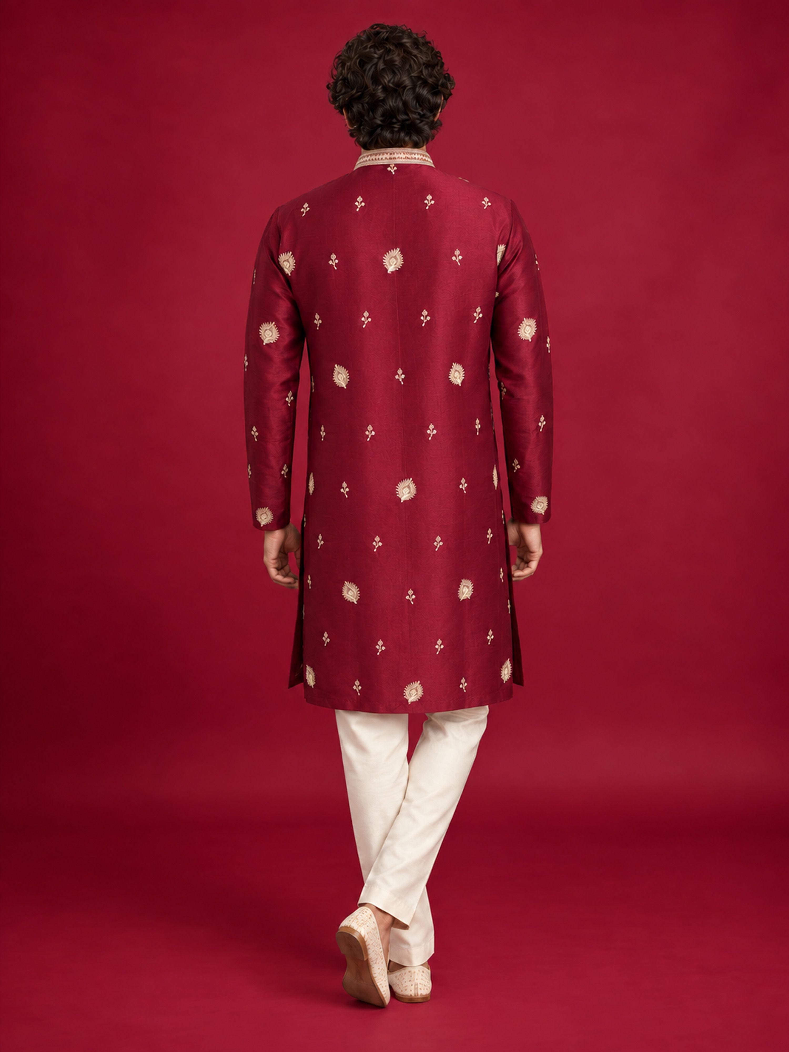 Men's Maroon Silk-Blend Embroidered Knee Length Kurta with Pyjama