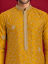 Men's Mustard Silk-Blend Embroidered Knee Length Kurta with Pyjama