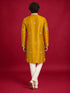 Men's Mustard Silk-Blend Embroidered Knee Length Kurta with Pyjama