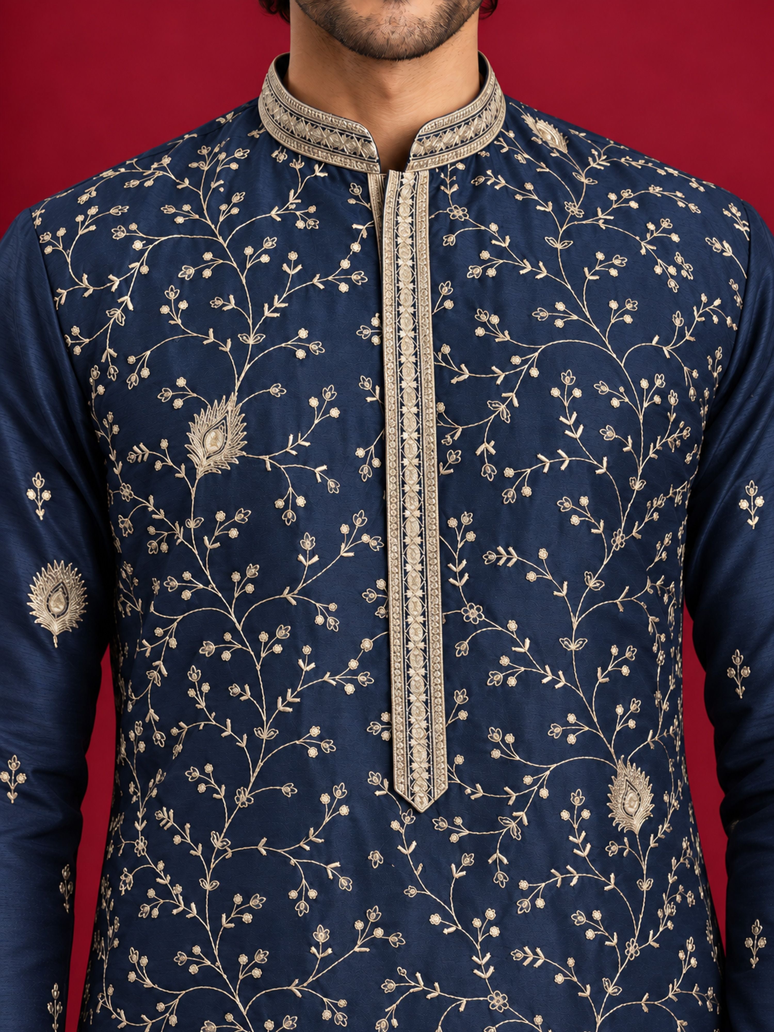 Men's Navy Blue Silk-Blend Embroidered Knee Length Kurta
