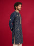 Men's Navy Blue Silk-Blend Embroidered Knee Length Kurta