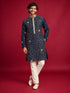 Men's Navy Blue Silk-Blend Embroidered Knee Length Kurta