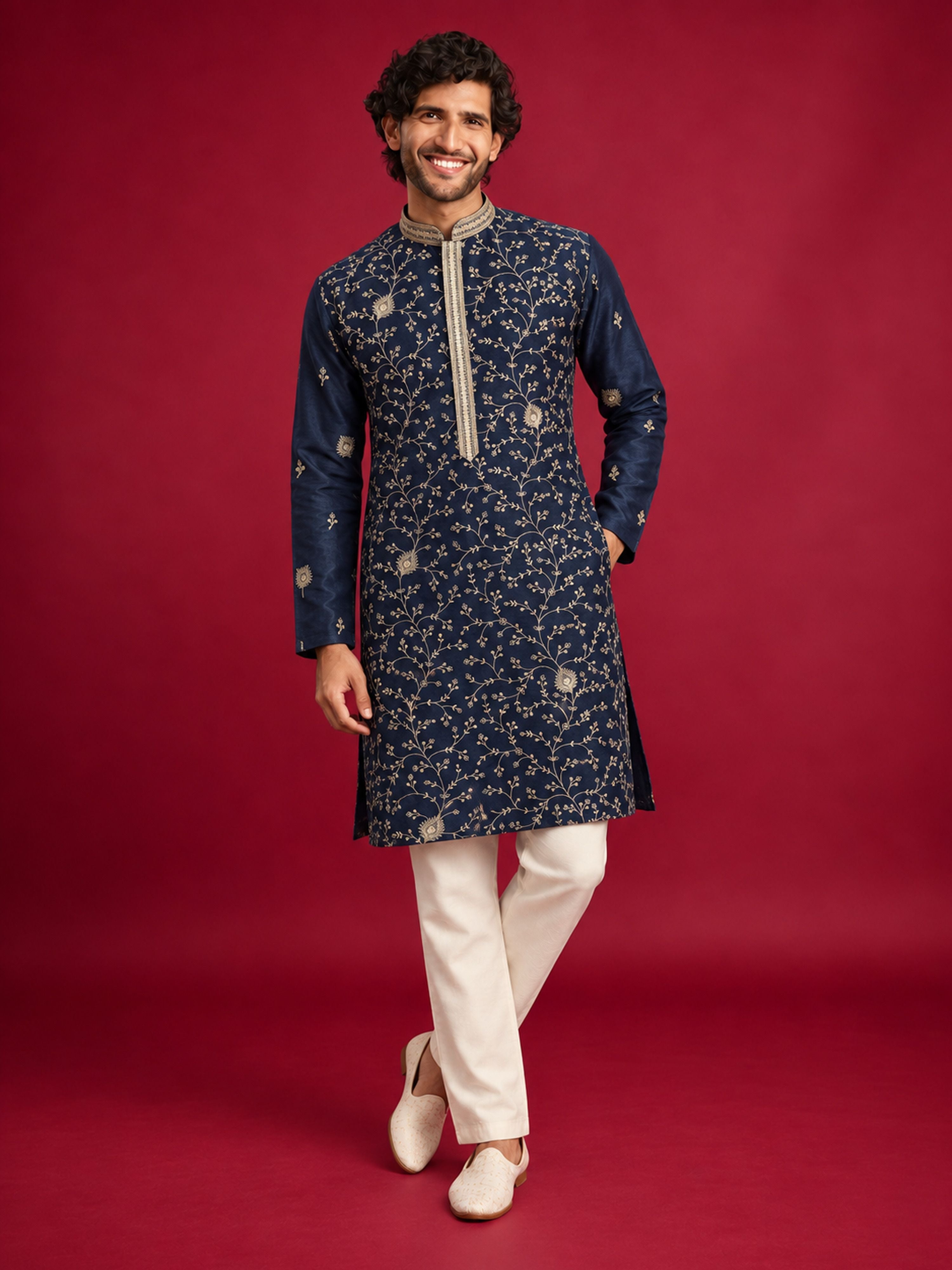 Men Navy Blue Silk Blend Kurta with Pyjama Festive, Diwali Ethnic Wear