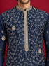 Men's Navy Blue Silk-Blend Embroidered Knee Length Kurta with Pyjama