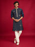Men's Navy Blue Silk-Blend Embroidered Knee Length Kurta with Pyjama