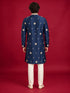 Men's Navy Blue Silk-Blend Embroidered Knee Length Kurta with Pyjama