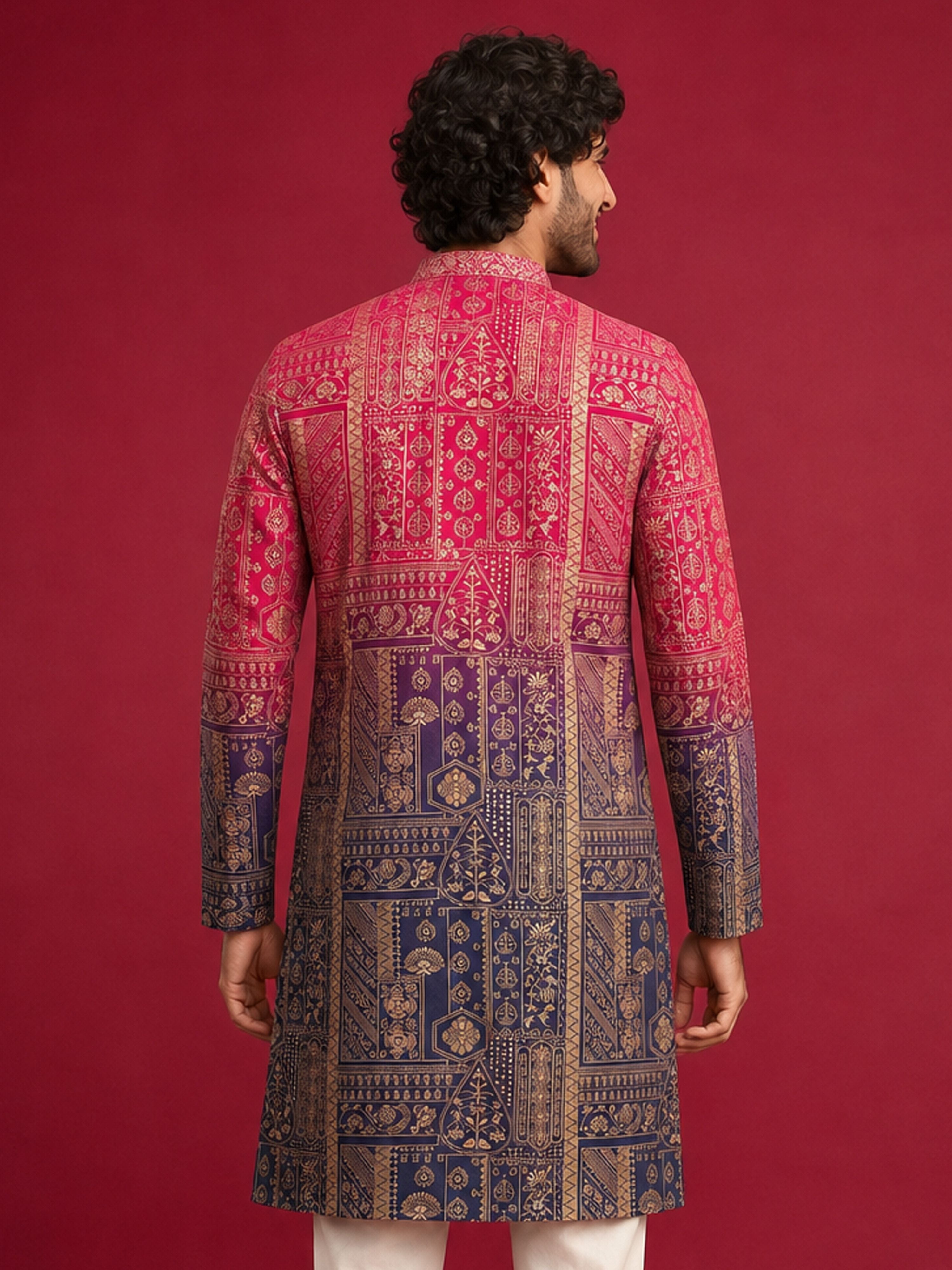 Men's Pink Silk-Blend Ombre Knee Length Kurta