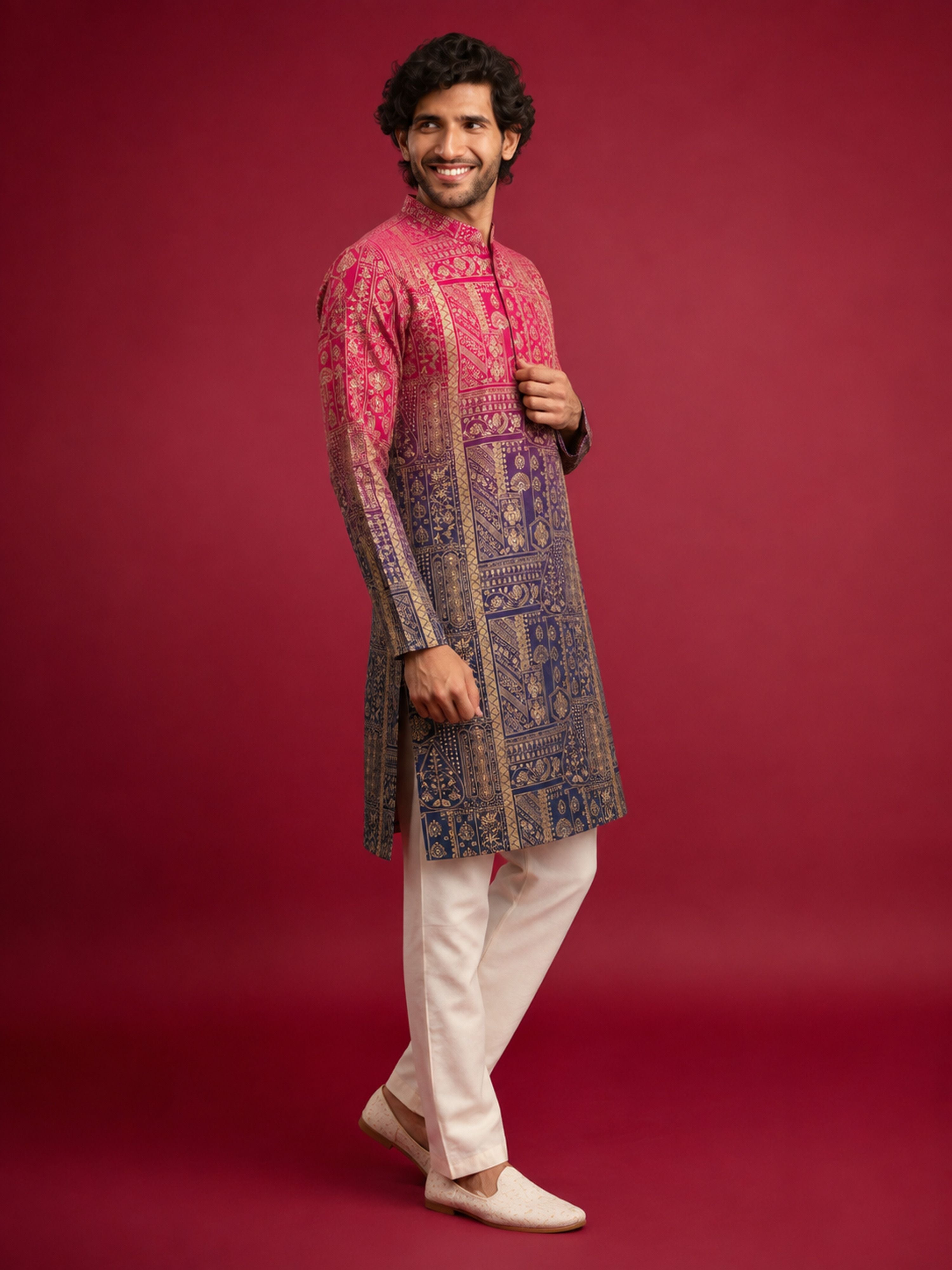 Men's Pink Silk-Blend Ombre Knee Length Kurta with Pyjama