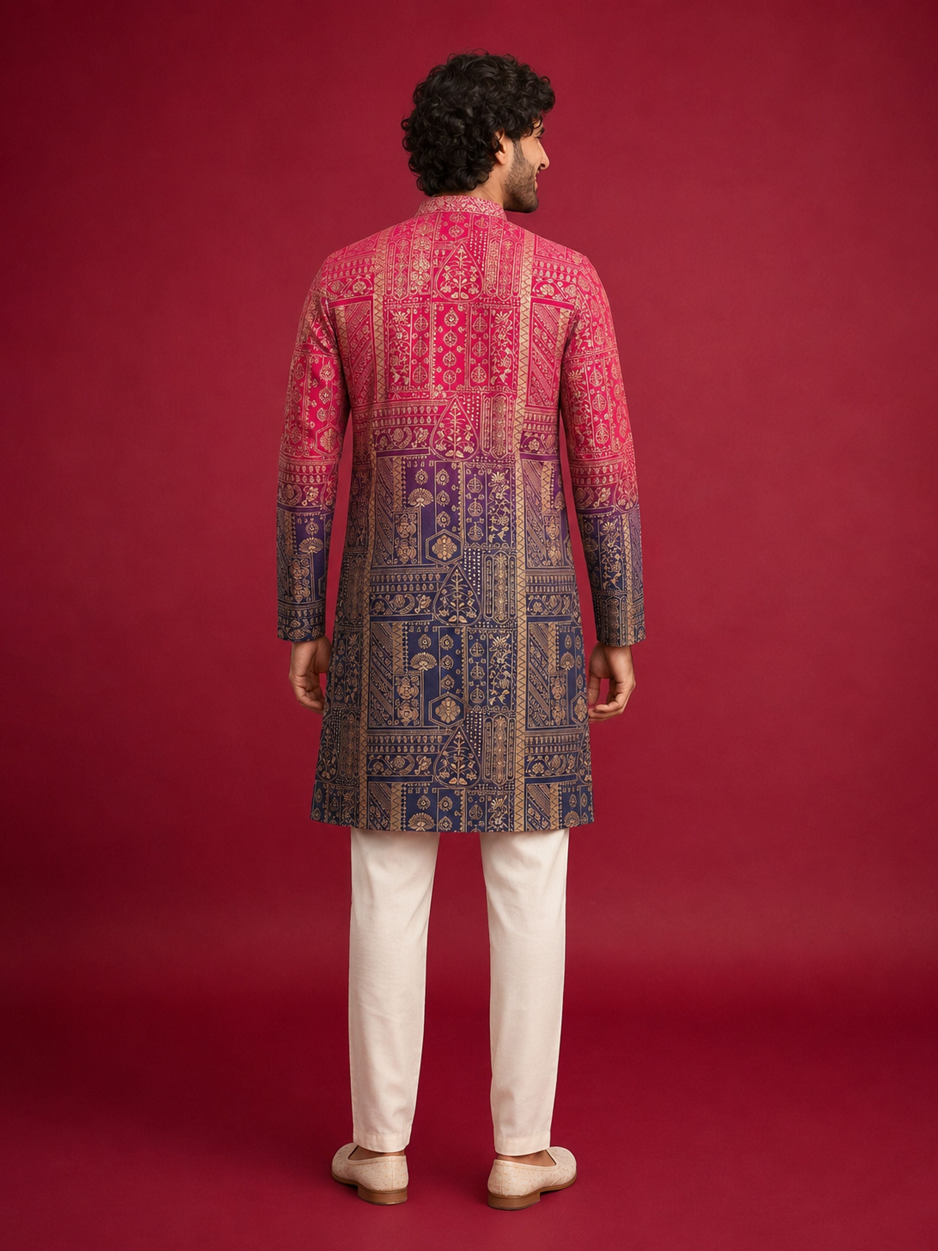 Men's Pink Silk-Blend Ombre Knee Length Kurta with Pyjama