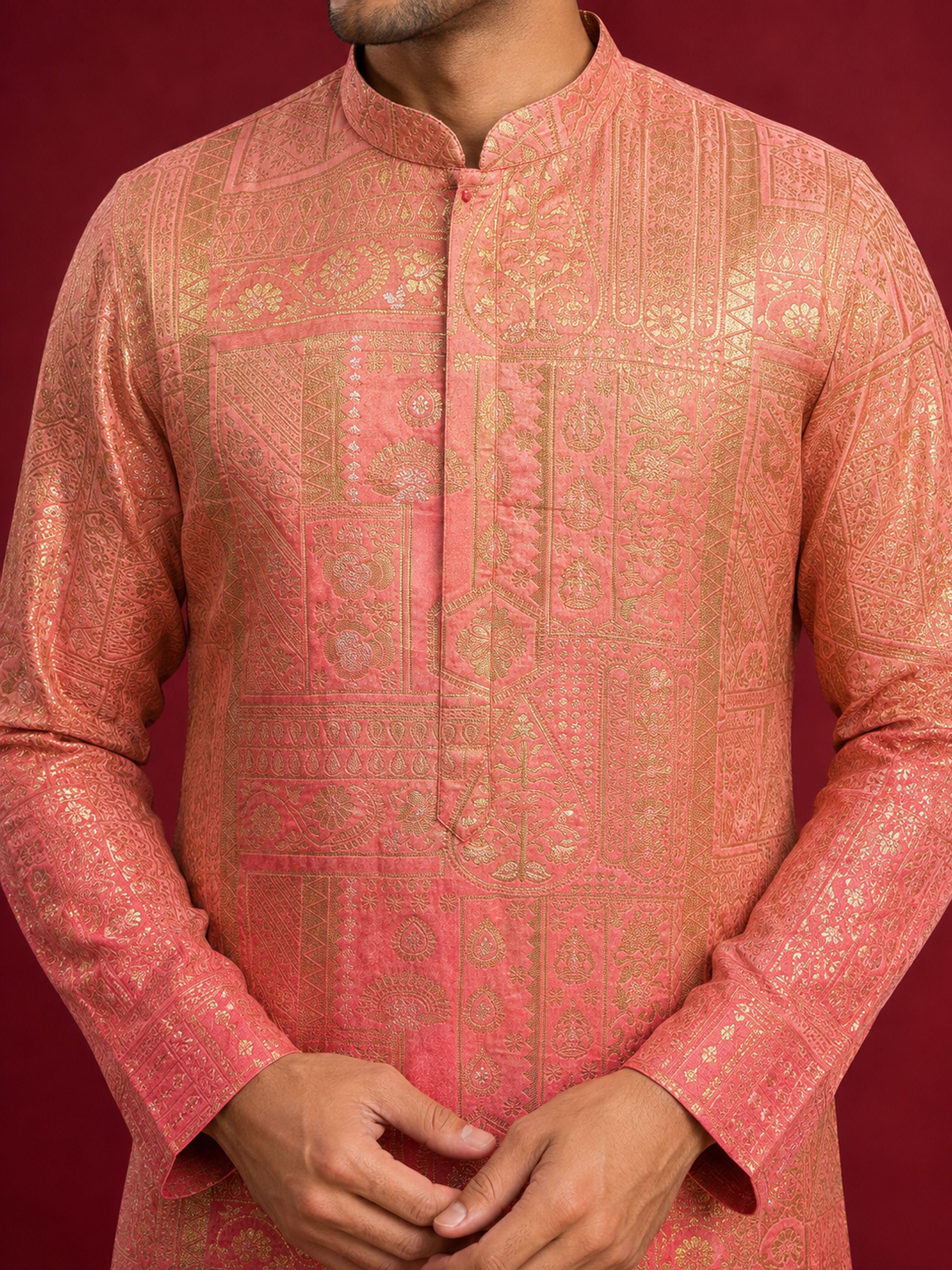 Men's Peach Silk-Blend Ombre Knee Length Kurta