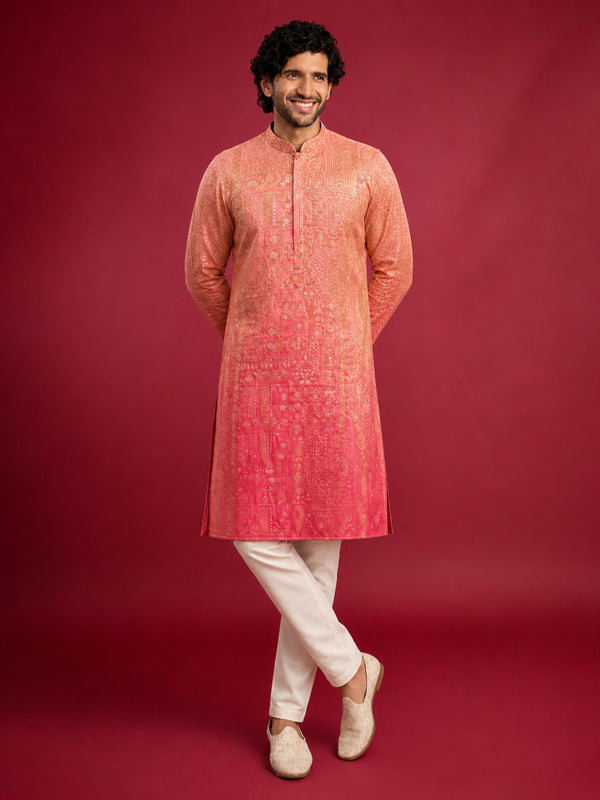 Men Peach Silk Blend Kurta with Pyjama Festive, Diwali Ethnic Wear