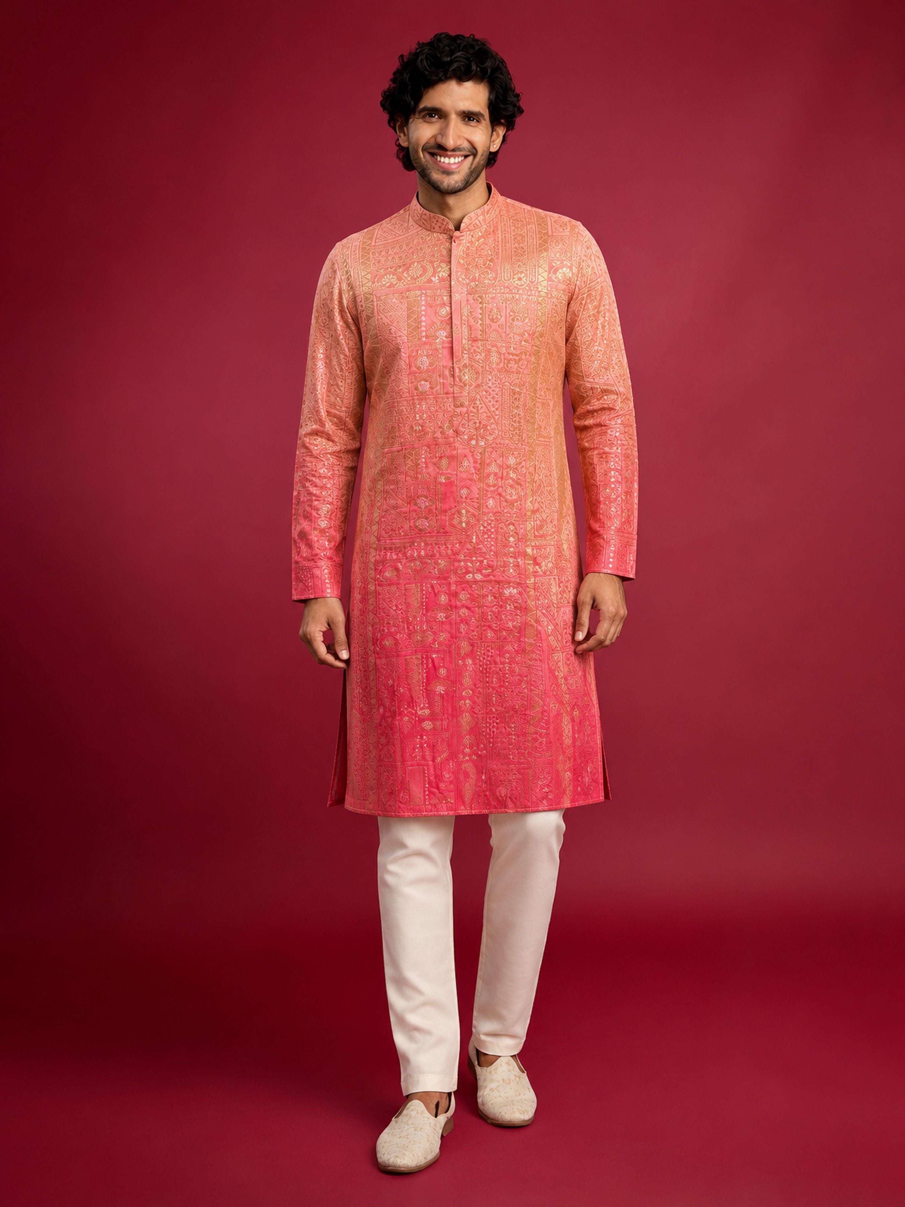 Men's Peach Silk-Blend Ombre Knee Length Kurta with Pyjama