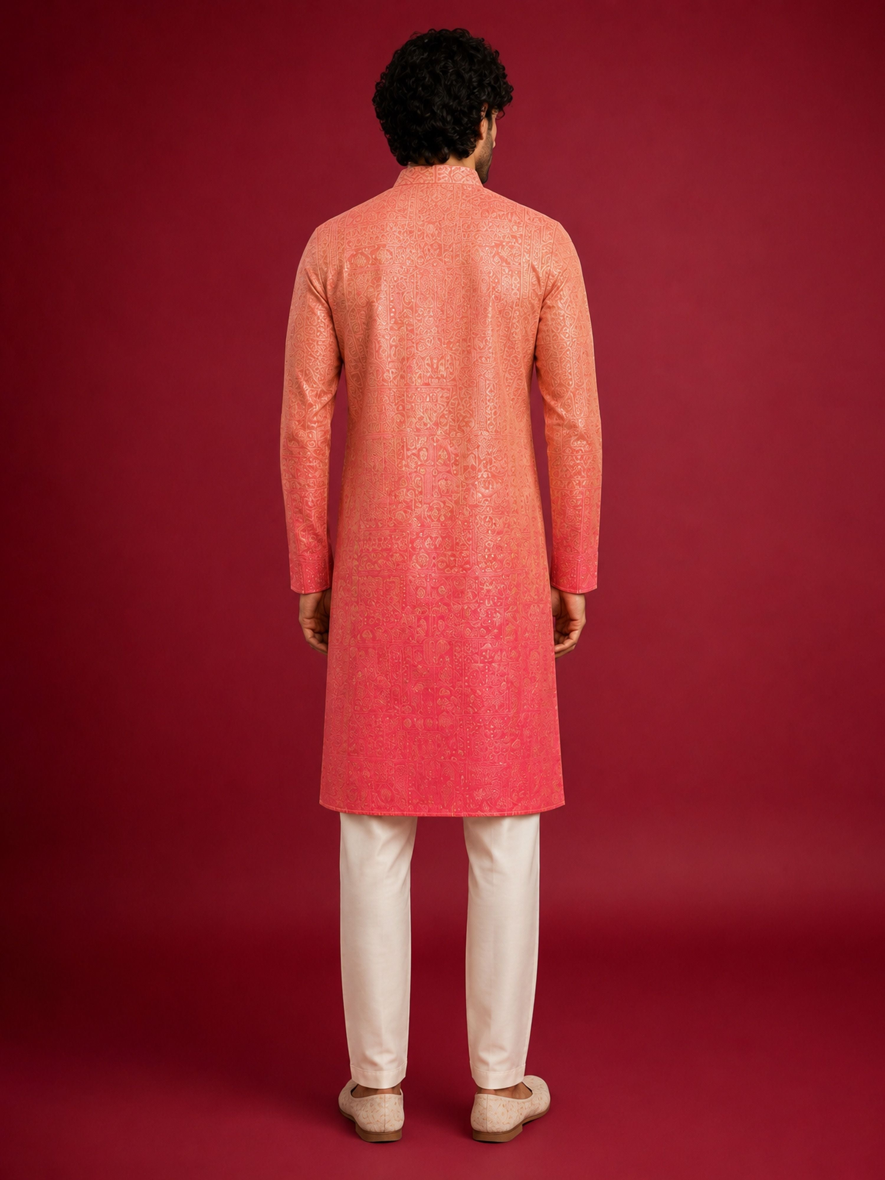Men's Peach Silk-Blend Ombre Knee Length Kurta with Pyjama