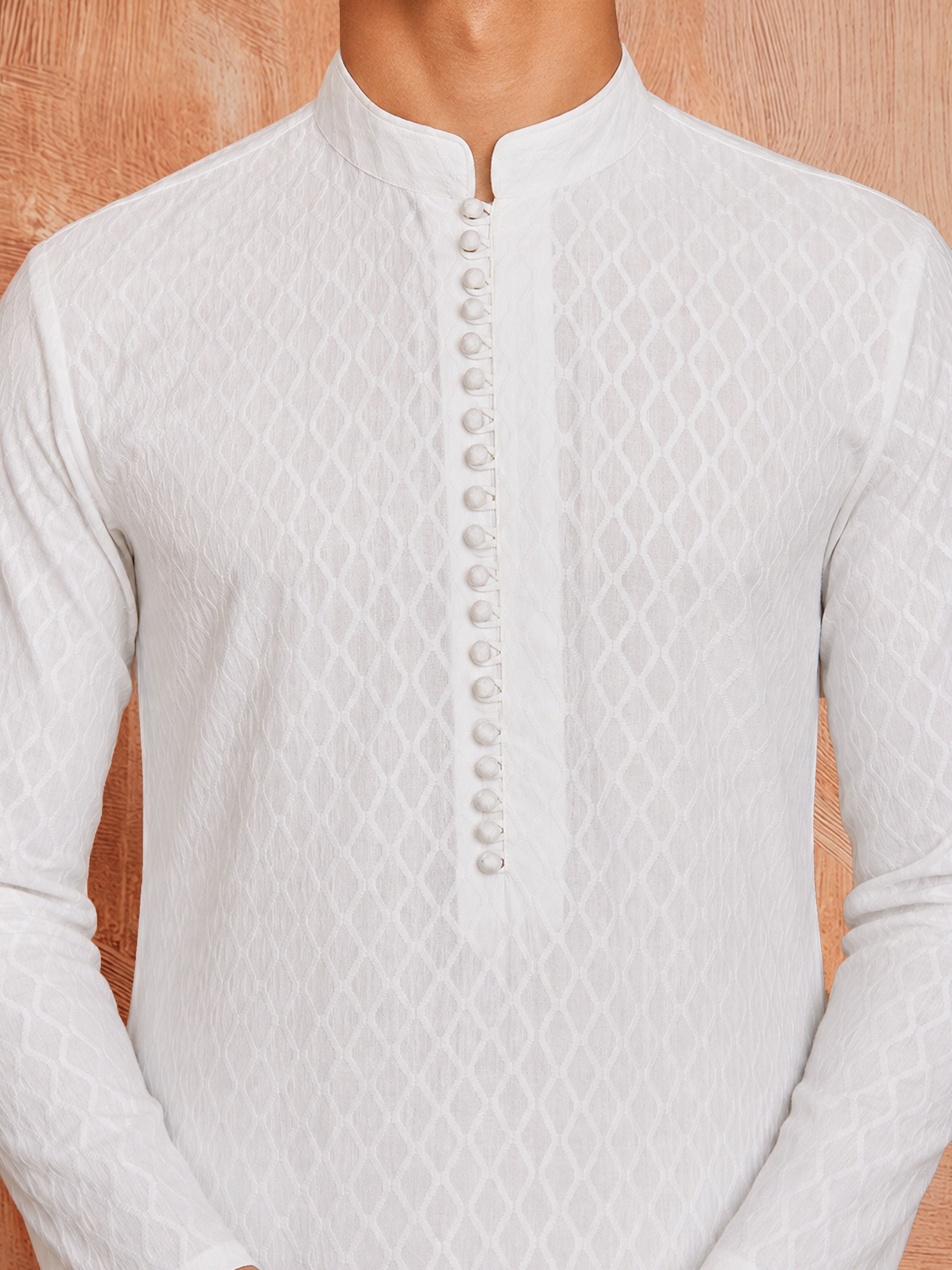 Men's White Pure-Cotton Self Design Knee Length Kurta